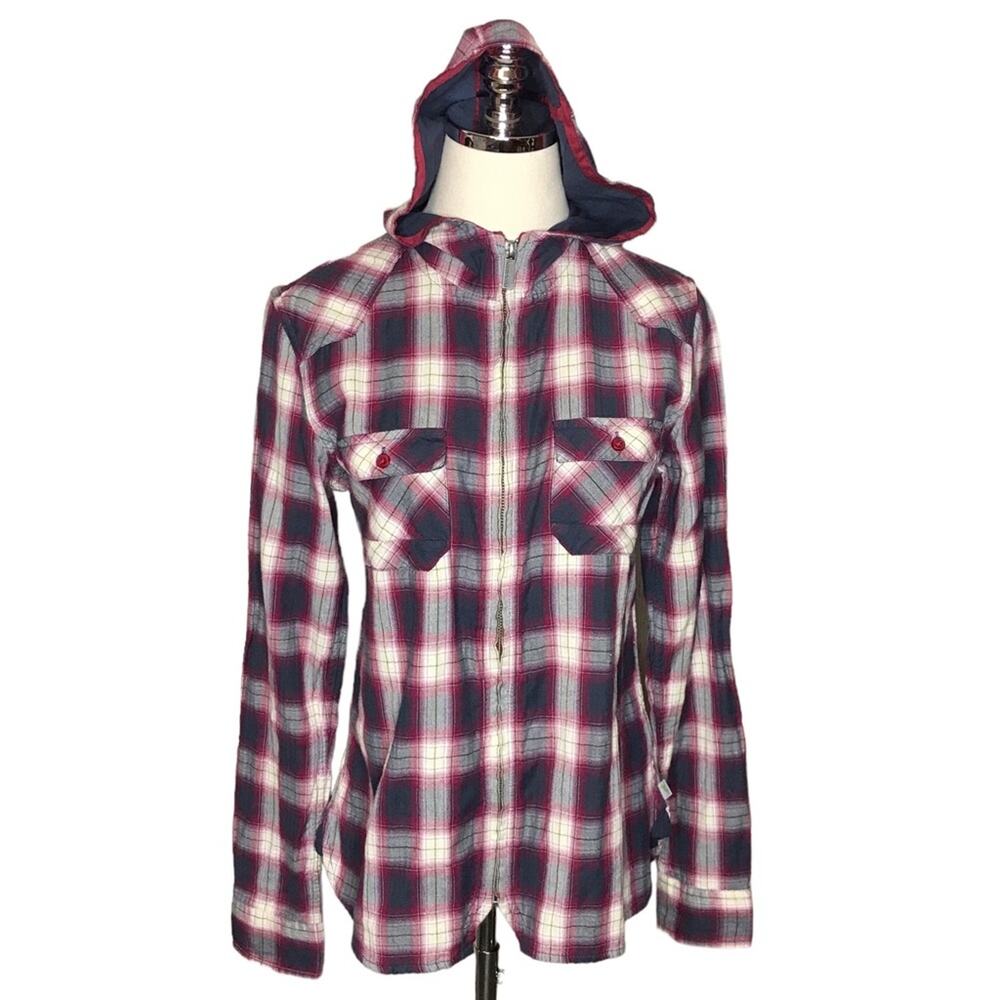Horny Toad Adjunct Hooded Shacket-Burgundy Plaid-Organic Cotton-Size Medium-EUC